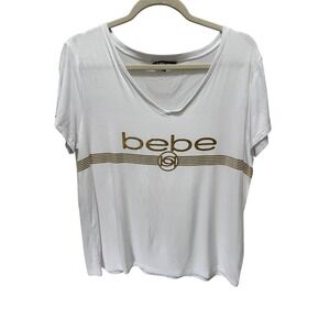 Bebe Sport T-Shirt Women XL White Gold Logo V-Neck Mesh Back 90s Y2K Beach